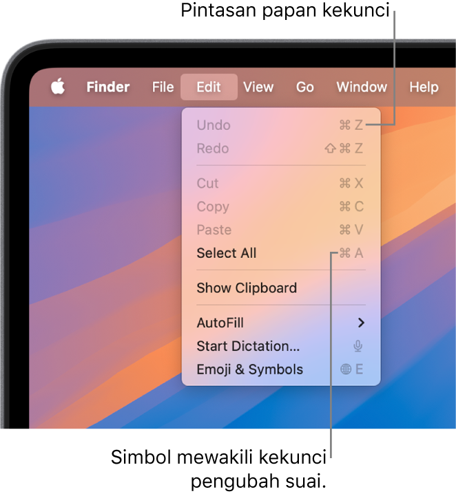 Menu Edit terbuka dalam Finder; pintasan papan kekunci kelihatan di sebelah item menu.