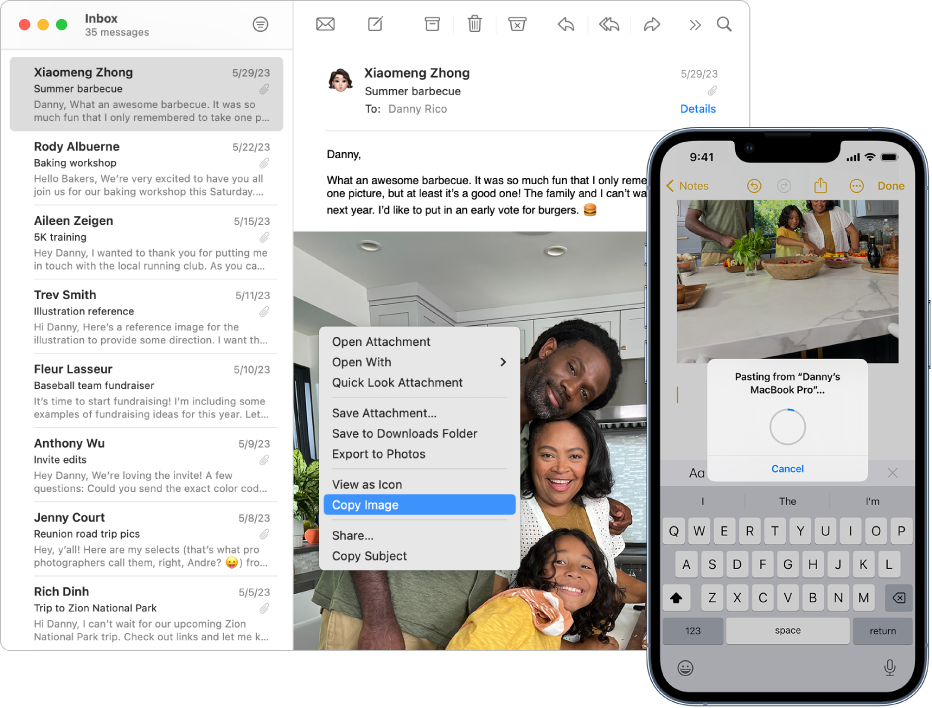 Tetingkap Mail dibukapada Mac, menunjukkan e-mel yang disertakan foto. Menu pintasan berada di atas foto dan Salin Imej dipilih. Di sebelah kanan, iPhone menunjukkan imej yang sama ditampal dalam nota.