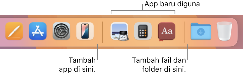 Penghujung kanan Dock menunjukkan garis pemisah mendahului dan mengikuti bahagian app terbaru digunakan.