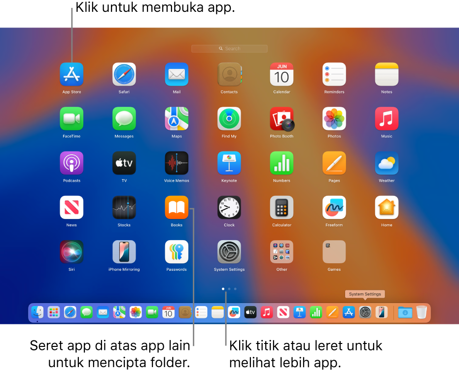 Launchpad menunjukkan app yang anda boleh buka.