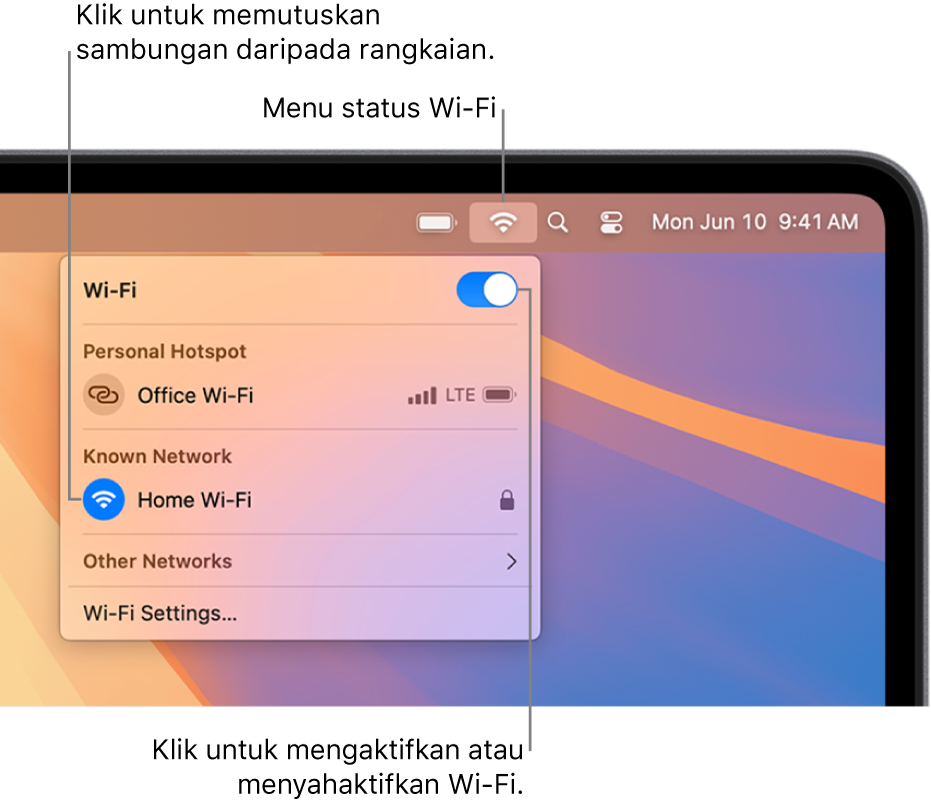 Menu status Wi-Fi, menunjukkan butang aktif/nyahaktif, Hotspot Peribadi dan rangkaian dikenali.