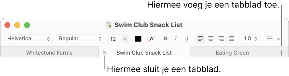 Een Teksteditor-venster met drie tabbladen in de tabbladbalk onder de opmaakbalk. Op één tabblad wordt de sluitknop weergegeven. De knop met het plusteken bevindt zich aan de rechterkant van de tabbladbalk.