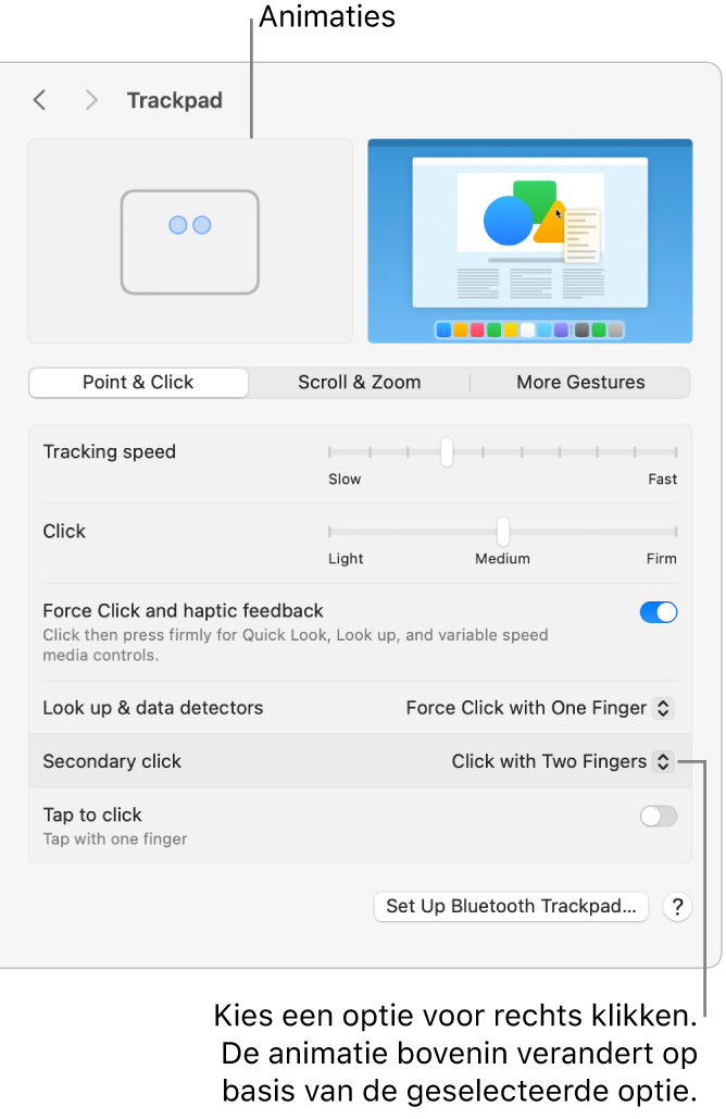 Opties voor de trackpad in Systeeminstellingen, met de optie voor secundair klikken ingesteld op 'Klikken met twee vingers' en de bijbehorende animatie.