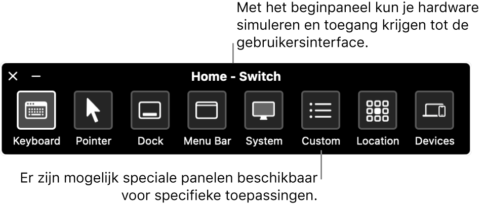 Het beginpaneel van Schakelbediening is uitgerust met knoppen waarmee je van links naar rechts het volgende regelt: toetsenbord, aanwijzer, Dock, menubalk, systeemregelaars, aangepaste panelen, schermlocatie en andere apparaten.