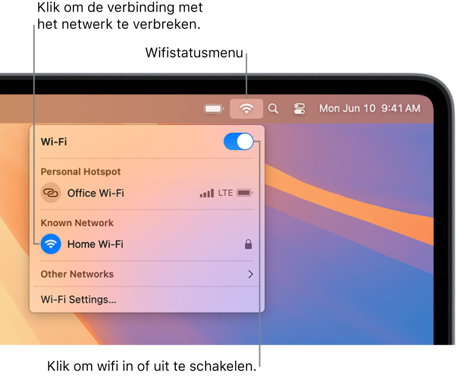 Het wifistatusmenu met de wifischakelaar, een persoonlijke hotspot en bekende netwerken.