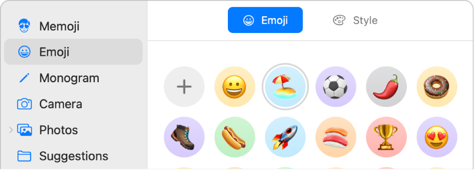 De Apple Account-afbeeldingsopties, met 'Emoji' geselecteerd in de navigatiekolom en verschillende emoji's.