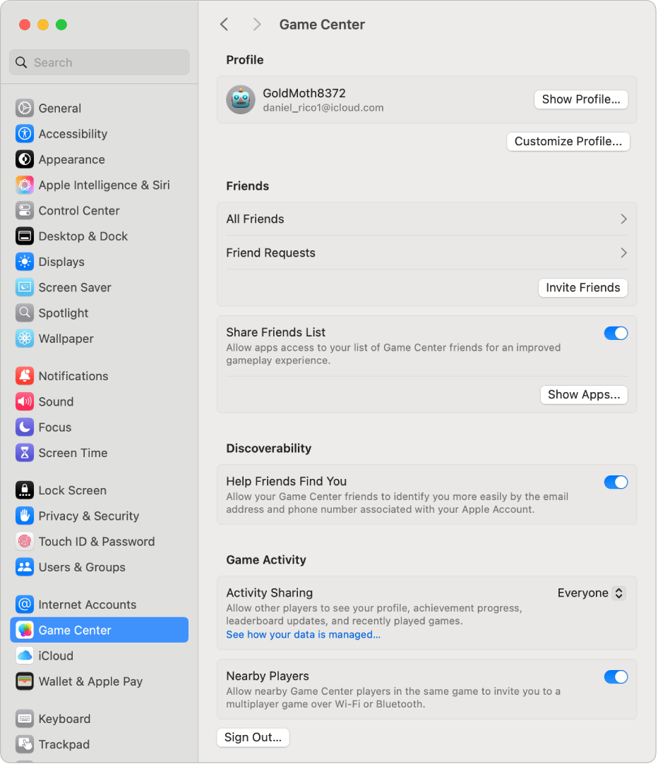 Een Game Center-account die is geselecteerd in Systeeminstellingen. Rechts worden gameopties weergegeven.