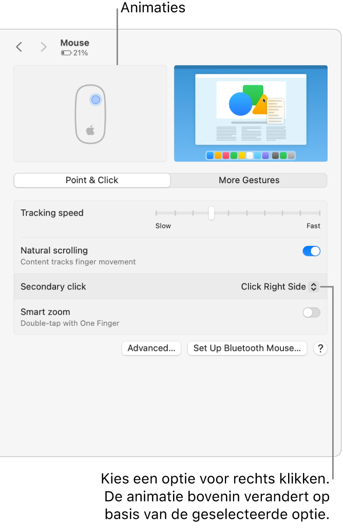 Opties voor de muis in Systeeminstellingen, met de optie voor secundair klikken ingesteld op 'Klik rechterzijde' en de bijbehorende animatie.