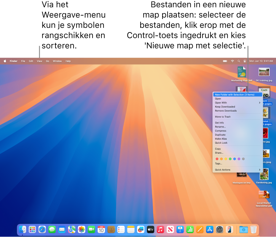 Een bureaublad met bestanden en mappen. Er zijn meerdere bestanden geselecteerd die in een nieuwe map moeten komen te staan. Er is met de Control-toets ingedrukt op een geselecteerd bestand geklikt. Er wordt een pop‑upmenu weergegeven waarin 'Nieuwe map met selectie' is gekozen.