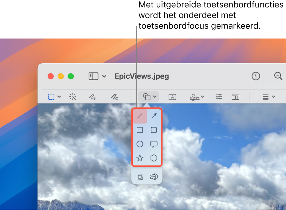 Het voorvertoningsvenster met de markeringsknoppenbalk. Het Vormen-gereedschap is uitgevouwen, zodat de opties worden weergegeven. Via de uitgebreide toetsenbordfuncties is het gereedschap met de focus gemarkeerd, net als de bijbehorende groep.