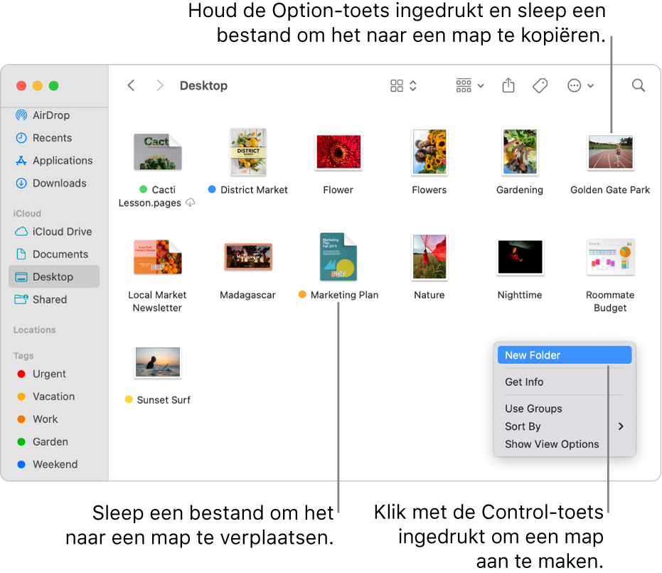 Een Finder-venster met bestanden en mappen. In het contextuele menu is 'Nieuwe map' gemarkeerd.