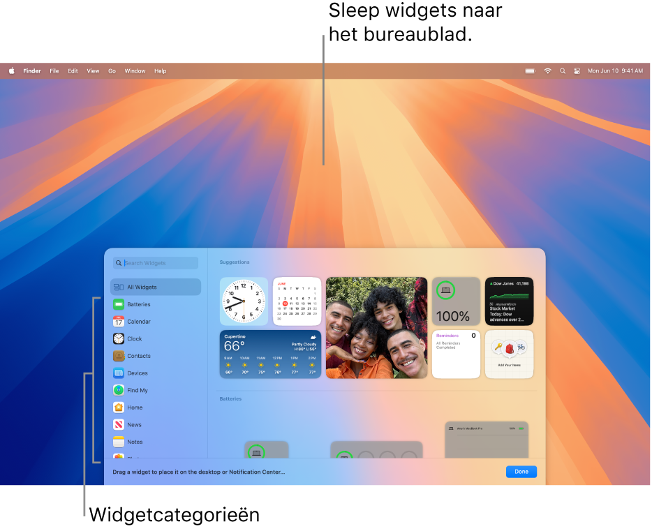 De widgetgalerie, met aan de linkerkant de lijst met widgetcategorieën en aan de rechterkant beschikbare widgets.