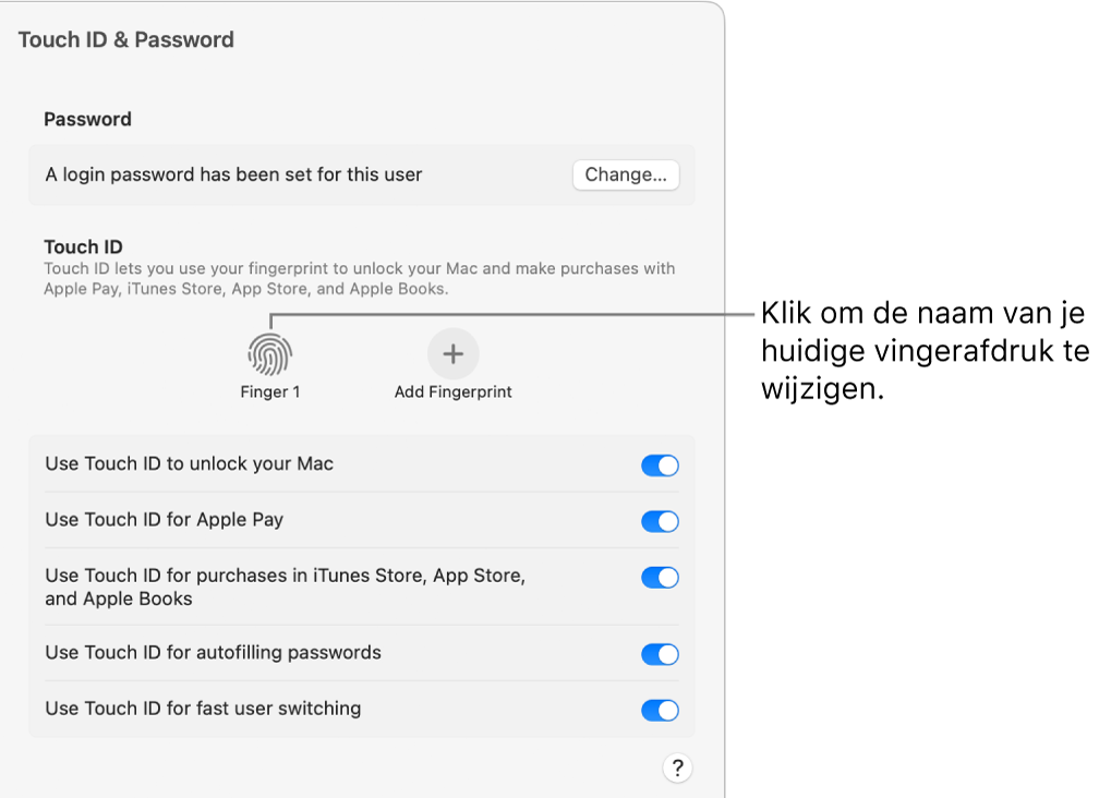 De instellingen voor 'Touch ID en wachtwoord', met een voltooide vingerafdruk waarmee de Mac kan worden ontgrendeld.