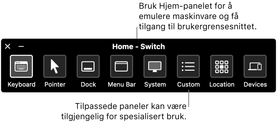 Hjem-panelet for Bryterkontroll inneholder – fra venstre til høyre – knapper til å styre tastatur, peker, Dock, menylinje, systemkontroller, tilpassede paneler, skjermplassering og andre enheter.