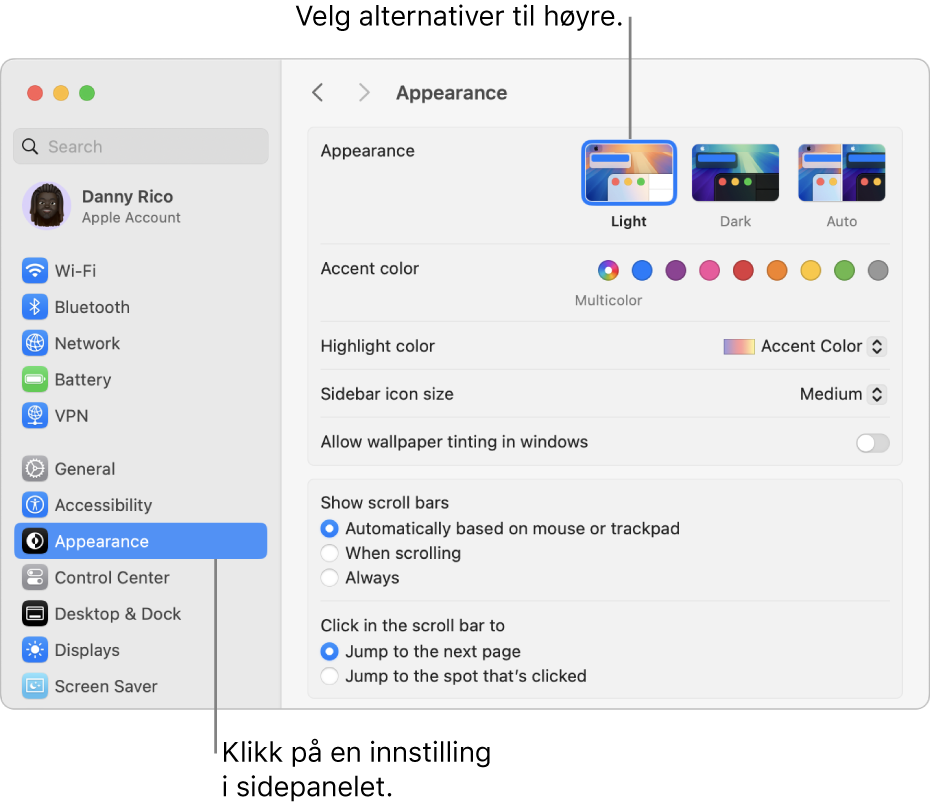 Systeminnstillinger-vinduet, med Utseende-innstillinger markert i sidepanelet og Utseende-valg til høyre.