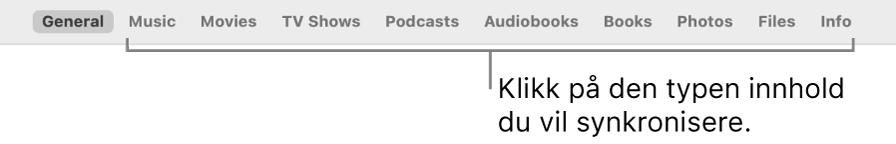Raden med valg langs toppen av vinduet, som viser innholdstypene du kan synkronisere.