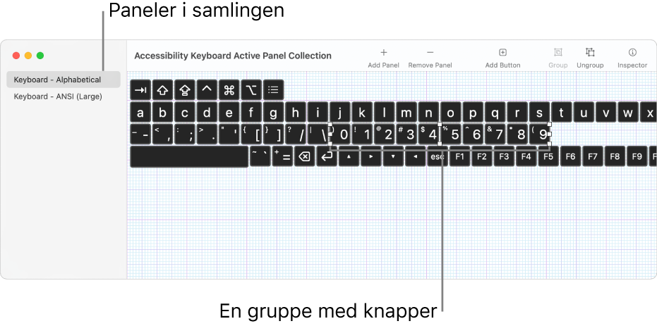 En del av et panelsamling-vindu som viser en liste over tilpassede paneler til venstre, og knapper og grupper i et tastatur-panel til høyre.