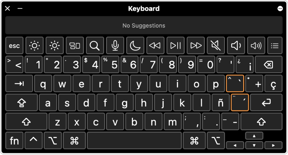 Tastaturvisning viser spansk tastaturlayout.