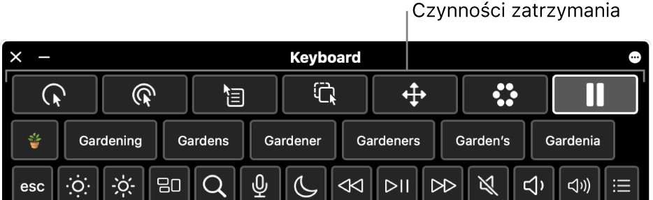 Przyciski funkcji zatrzymania widoczne na górze klawiatury dostępności.