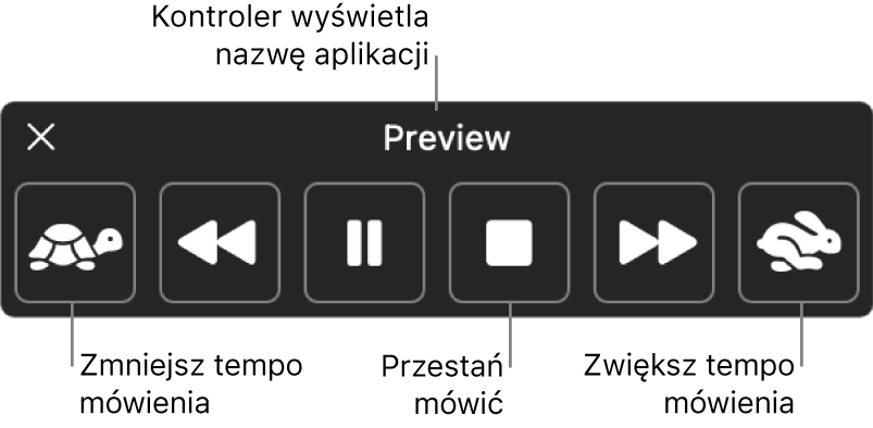 Kontroler ekranowy, który może być wyświetlany, gdy Mac czyta zaznaczony tekst. Kontroler zawiera sześć przycisków, przy użyciu których można, od lewej do prawej: zmniejszać szybkość mowy, przechodzić o jedno zdanie wstecz, włączać lub wstrzymywać mowę, wyłączać mowę, przechodzić o jedno zdanie dalej oraz zwiększać szybkość mowy. Na górze kontrolera wyświetlana jest nazwa aktualnie używanej aplikacji.