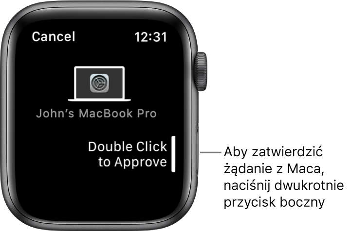 Apple Watch wyświetlający prośbę i zatwierdzenie z MacBooka Pro.