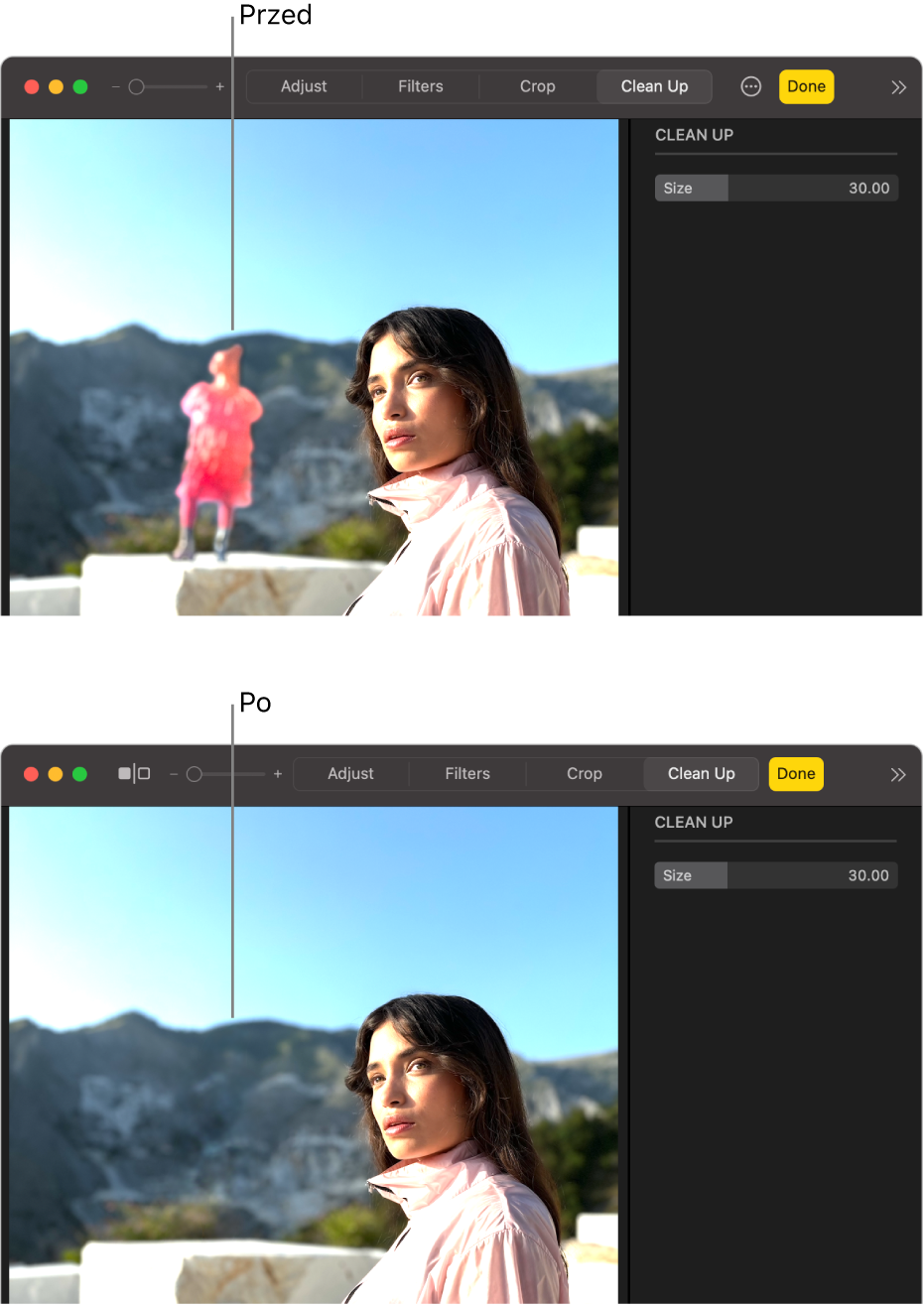 Zdjęcie przedstawiające osobę w tle oraz to samo zdjęcie po użyciu funkcji Oczyść, z usuniętą osobą w tle.