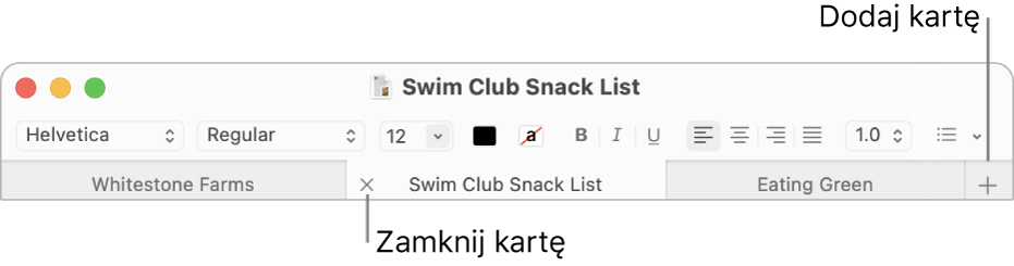 Okno aplikacji TextEdit z trzema kartami na pasku kart, znajdującym się poniżej paska formatowania. Jedna z kart zawiera przycisk zamykania. Na końcu paska kart widoczny jest przycisk dodawania.