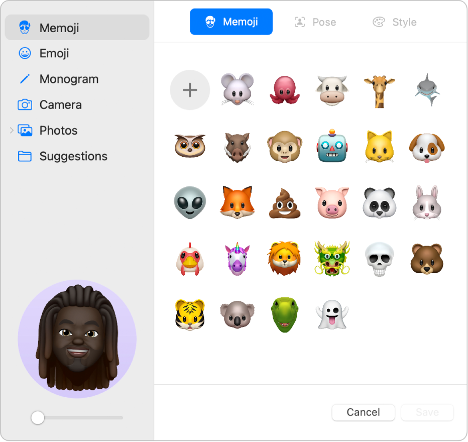 As opções de imagem da Conta Apple. Uma lista de opções de imagens é mostrada na barra lateral, incluindo Memoji, Monograma, Fotos, entre outras. A opção Memoji está selecionada e uma grade de Memojis é mostrada.