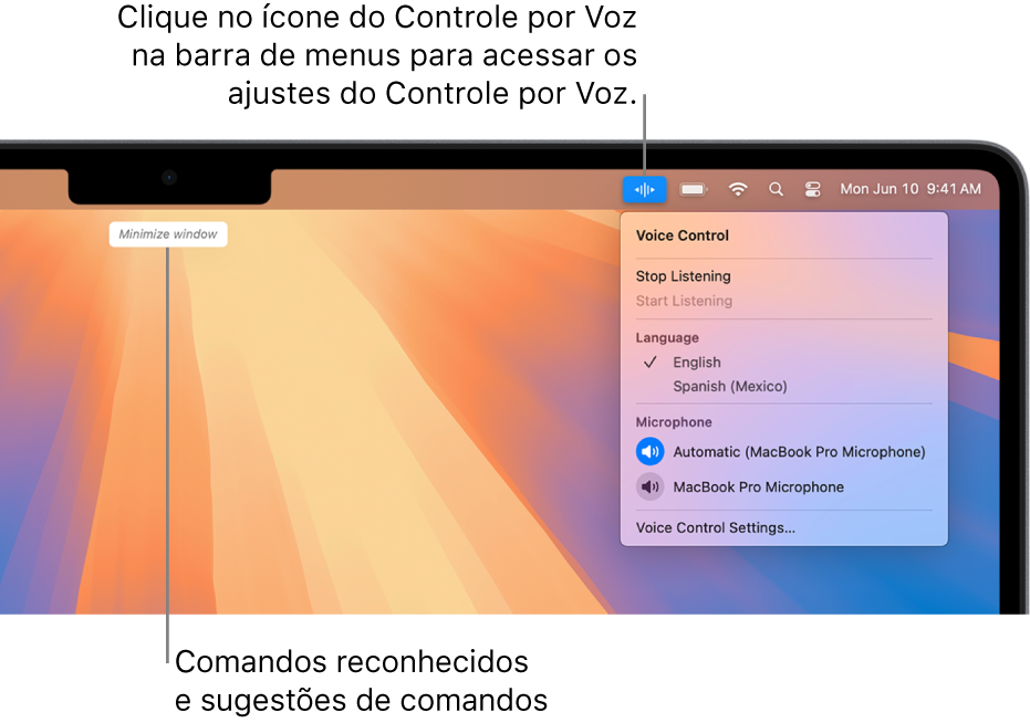 O último comando reconhecido pelo Controle por Voz é mostrado na parte superior da mesa. À direita, o ícone do Controle por Voz é mostrado na barra de menus e o menu do Controle por Voz está aberto.