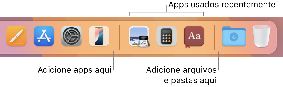 A extremidade direita do Dock mostrando as linhas de separação antes e depois da seção de apps usados recentemente.