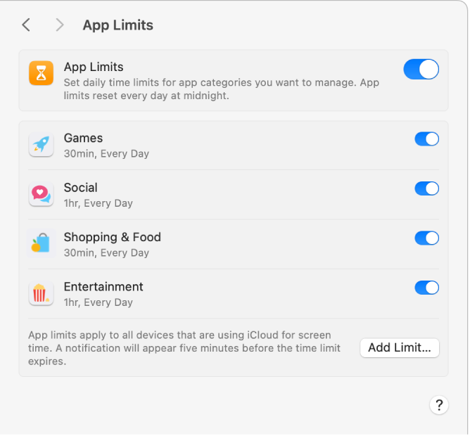 Ajustes de “Limites de Apps” em Tempo de Uso com “Limites de Apps” ativado. Os limites de tempo estão configurados para quatro categorias de apps.