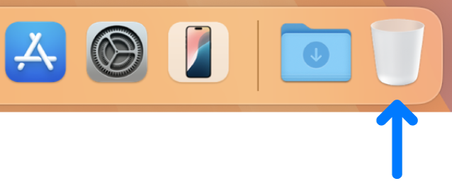 O lado direito da Dock, o ícone Lixo está na extremidade direita.