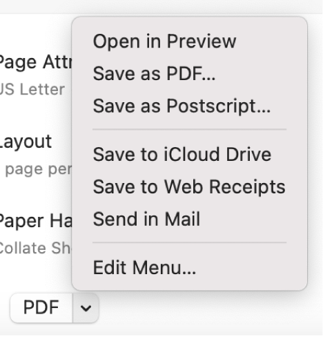 O menu pop-up PDF a mostrar os comandos de PDF, incluindo “Guardar como PDF”.