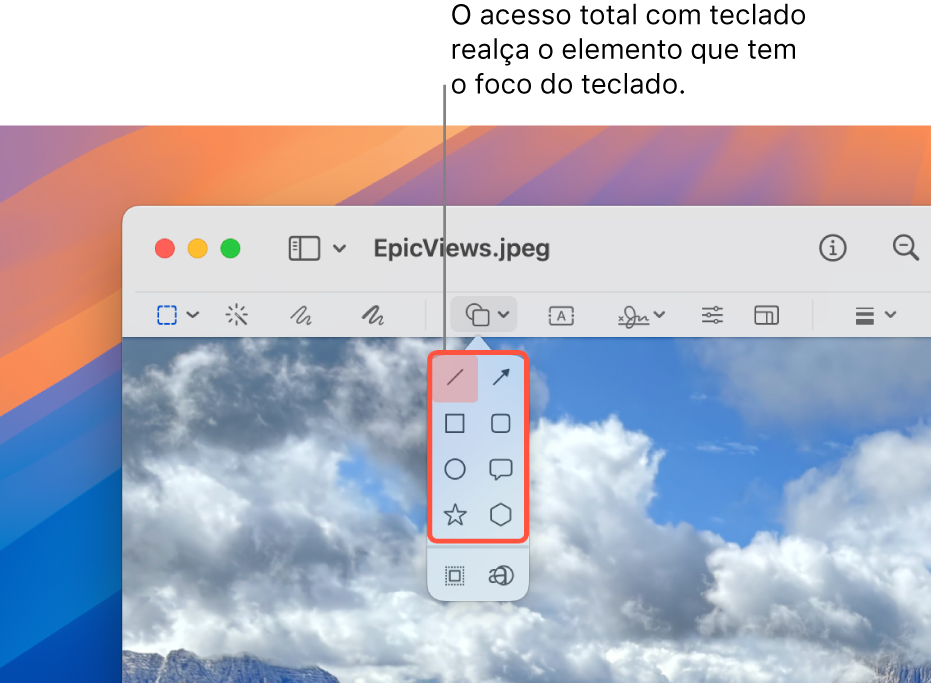 A janela da Pré‑visualização com a barra de ferramentas de marcação visível. A ferramenta Formas está expandida para mostrar as opções. O acesso total com teclado destacou a ferramenta que está em foco e o grupo que a contém.