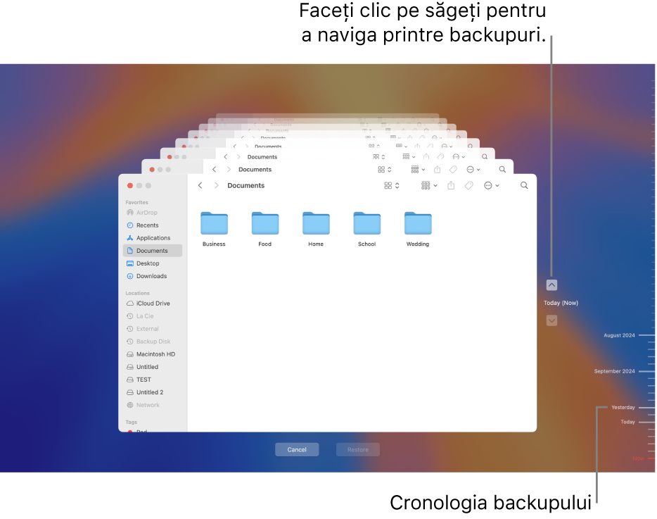 Fereastra Time Machine afișând mai multe ecrane Finder stivuite, care reprezintă backupuri, cu săgeți de navigare. Săgețile și cronologia backupului din partea dreaptă vă ajută să explorați backupurile, astfel încât să puteți alege fișierul care să fie restaurat.