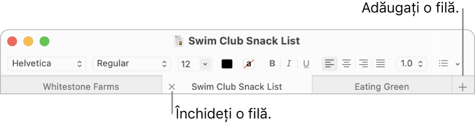 O fereastră TextEdit cu trei file în bara de file, situată sub bara de formatare. O filă afișează butonul Închide. Butonul Adaugă este situat la capătul din dreapta al barei de file.