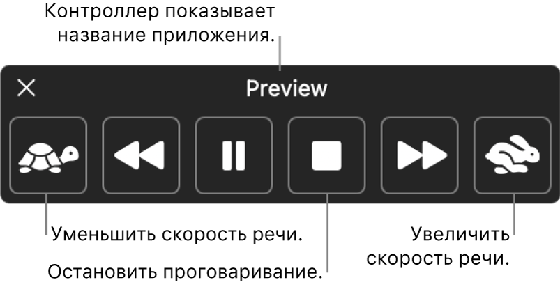 Экранный контроллер, который может отображаться, когда Mac проговаривает выбранный текст. Экранный контроллер содержит шесть кнопок, которые (слева направо) позволяют понизить скорость речи, вернуться назад на одно предложение, запустить или приостановить проговаривание, остановить проговаривание, перейди вперед на одно предложение и повысить скорость речи. Вверху контроллера отображается имя приложения.