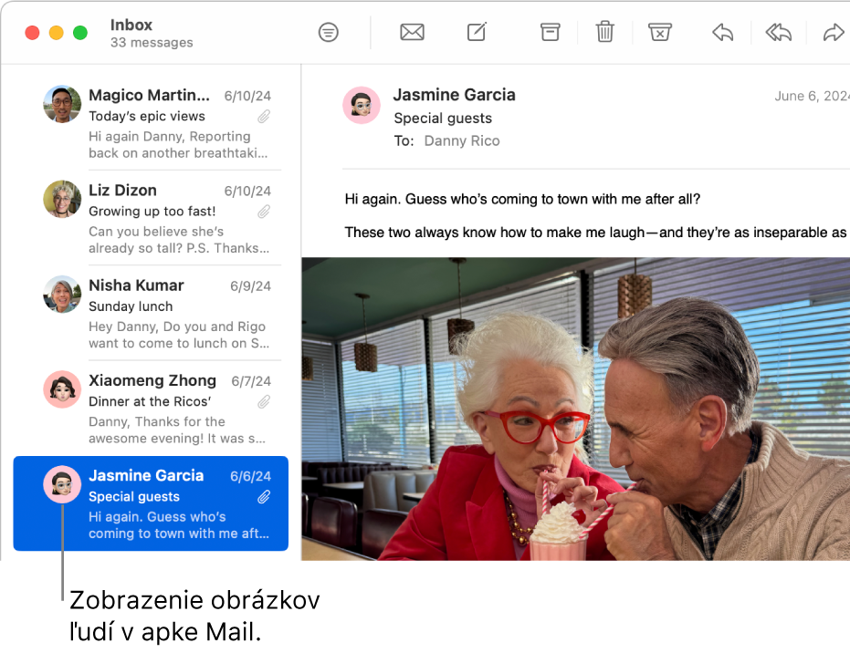 Okno apky Mail zobrazujúce zoznam správ s obrázkami odosielateľov vedľa ich mien.