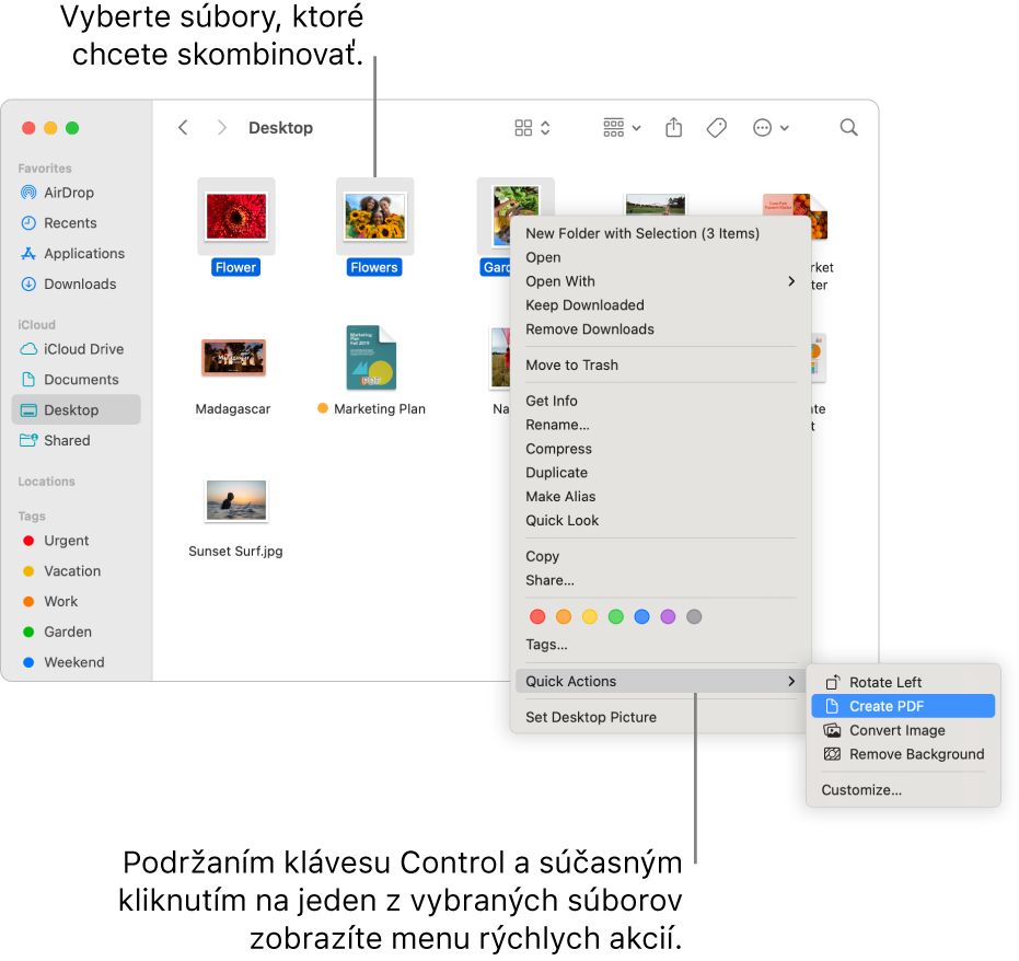 Okno Finder obsahujúce súbory a priečinky. Sú označené tri súbory a v menu Rýchle akcie je zvýraznená možnosť Vytvoriť PDF.