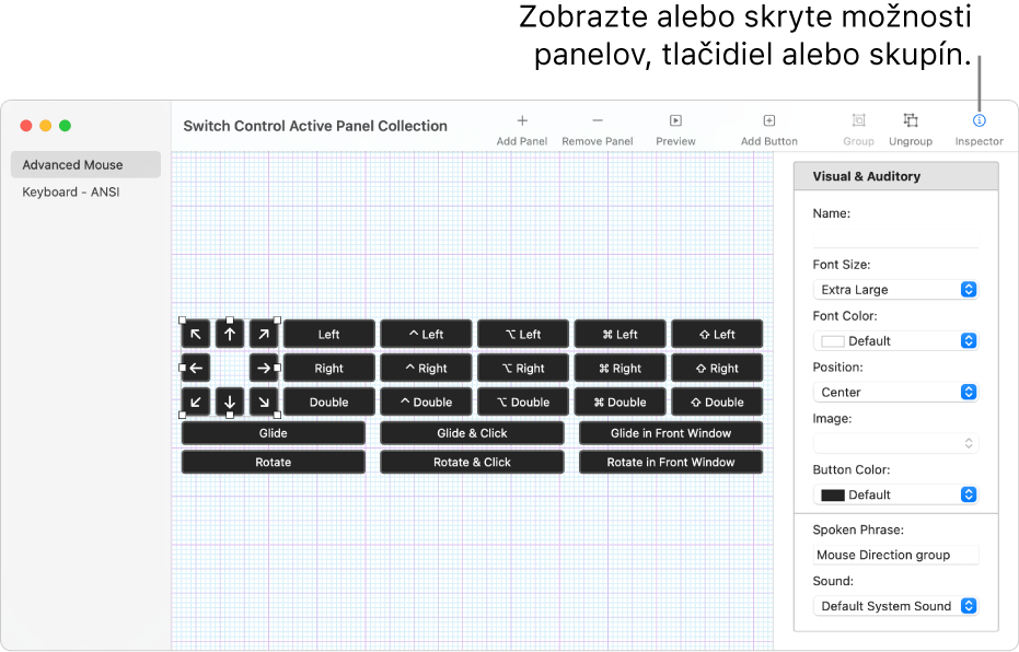 Okno Zbierka panelov zobrazujúce tlačidlo Inšpektor napravo od panela s nástrojmi na nastavovanie možností pre panely, tlačidlá a skupiny.