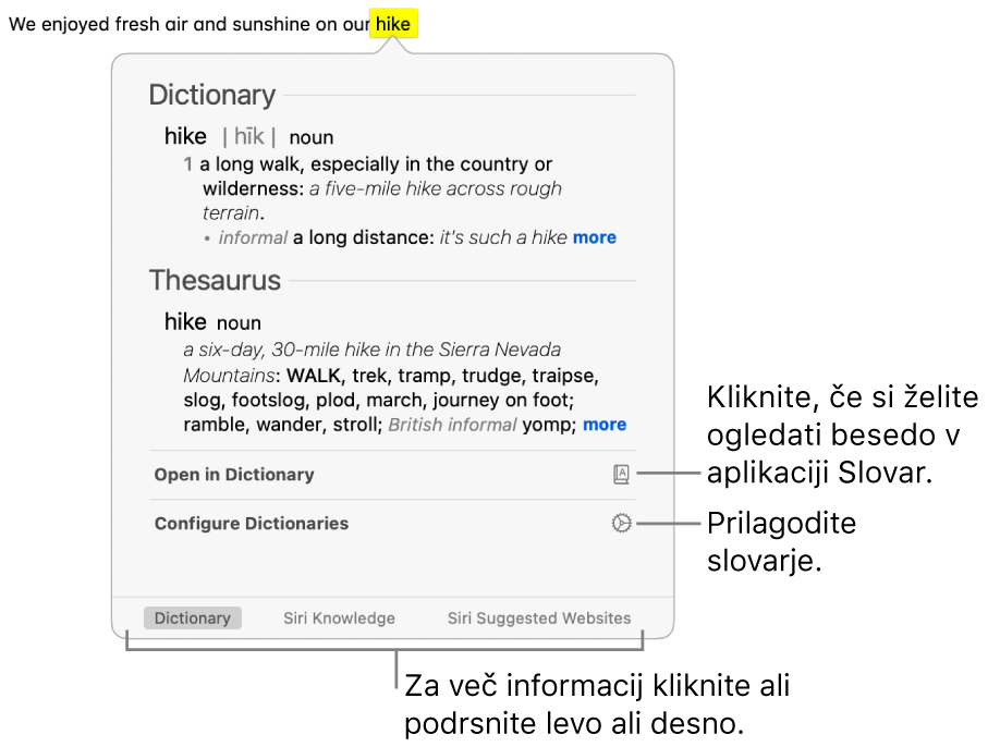 Okno aplikacije Poišči, ki prikazuje razlage besede v slovarju in tezavru.