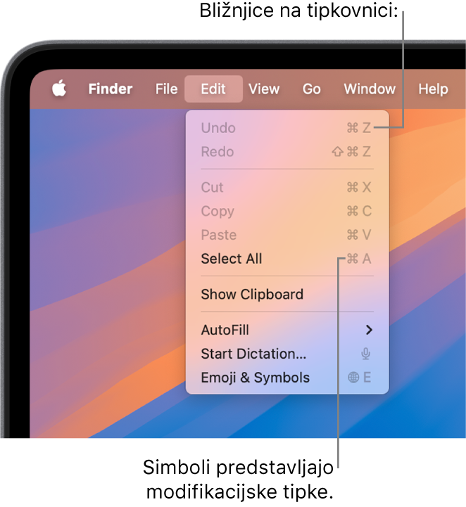 V aplikaciji Finder je odprt meni Urejanje. Bližnjice na tipkovnici so prikazane poleg elementov menija.