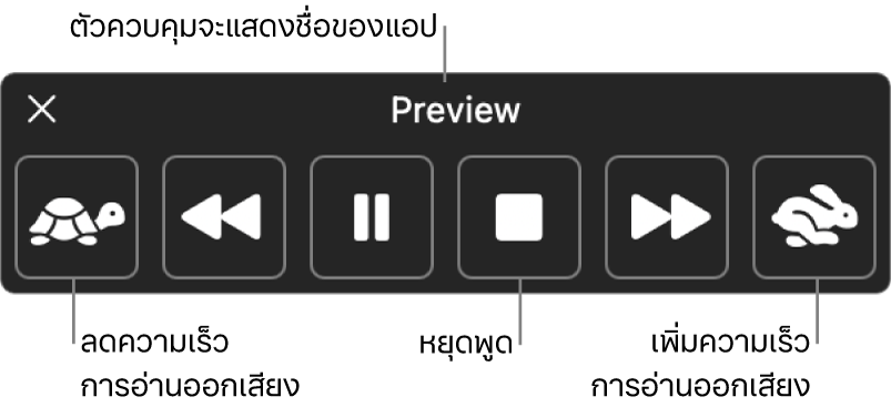 ตัวควบคุมบนหน้าจอที่สามารถแสดงขึ้นได้เมื่อ Mac ของคุณอ่านข้อความที่เลือก ตัวควบคุมมีหกปุ่ม ซึ่งเรียงจากซ้ายไปขวา ได้แก่ ปุ่มลดความเร็วการอ่าน ปุ่มข้ามไปข้างหลังหนึ่งประโยค ปุ่มเล่นหรือหยุดพักการอ่าน ปุ่มหยุดอ่าน ปุ่มข้ามไปข้างหน้าหนึ่งประโยค และปุ่มเพิ่มความเร็วการอ่าน ชื่อของแอปจะแสดงอยู่ที่ด้านบนสุดของตัวควบคุม