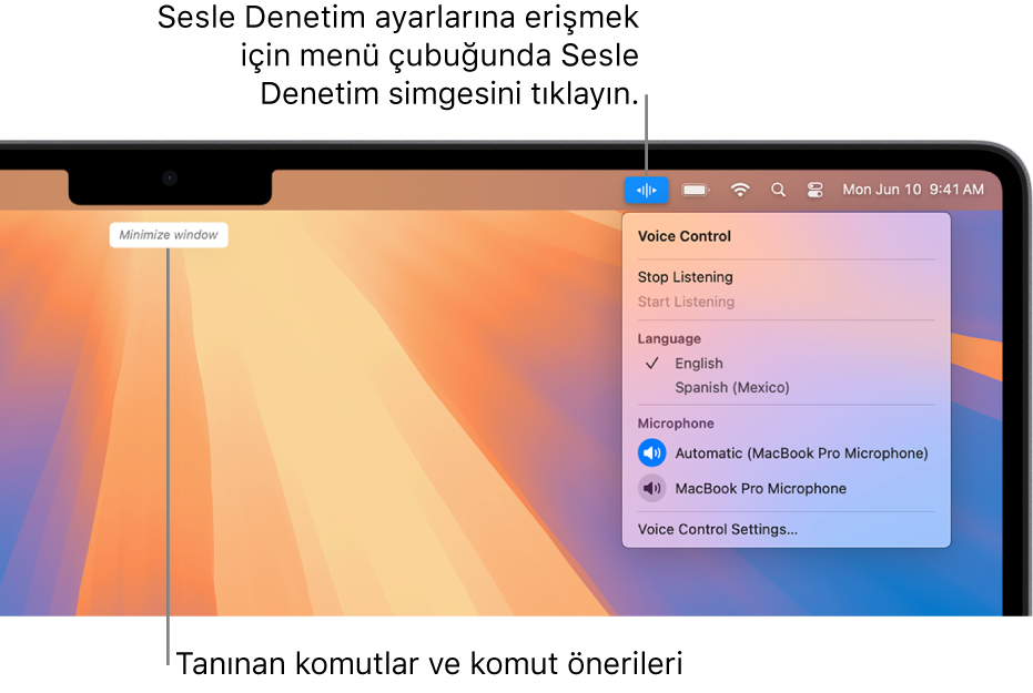 Sesle Denetim tarafından tanınan son komut, masaüstünün en üstünde gösteriliyor. Sağ tarafta, Sesle Denetim menü çubuğunda gösteriliyor ve Sesle Denetim menüsü açık.