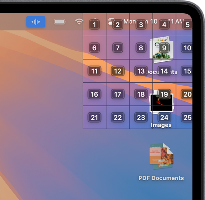 İki masaüstü belge grubunun bulunduğu ekranın sağ üst köşesinde bir ızgara gösterilir. Izgaradaki her hücre bir sayıyla etiketlenir.