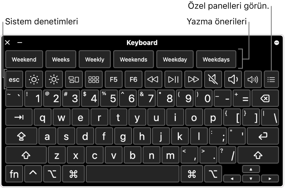 Üst kısımda yazma önerilerinin olduğu Erişilebilirlik Klavyesi. Ekran parlaklığını ayarlama ve özel panelleri gösterme gibi işlemleri yapmak için kullanılan sistem denetimlerine ait düğme sırası alt tarafta.