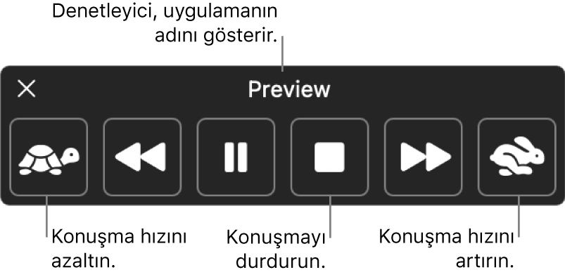 Mac’iniz seçilen metni seslendirirken gösterilebilecek ekran denetleyicisi. Bu denetleyicinin sunduğu altı düğme soldan sağa, konuşma hızını azaltmanızı, bir cümle geri gitmenizi, konuşmayı başlatmanızı veya duraklatmanızı, konuşmayı durdurmanızı, bir cümle ileri gitmenizi ve konuşma hızını artırmanızı sağlar. Uygulama adı, denetleyicinin en üstünde gösterilir.