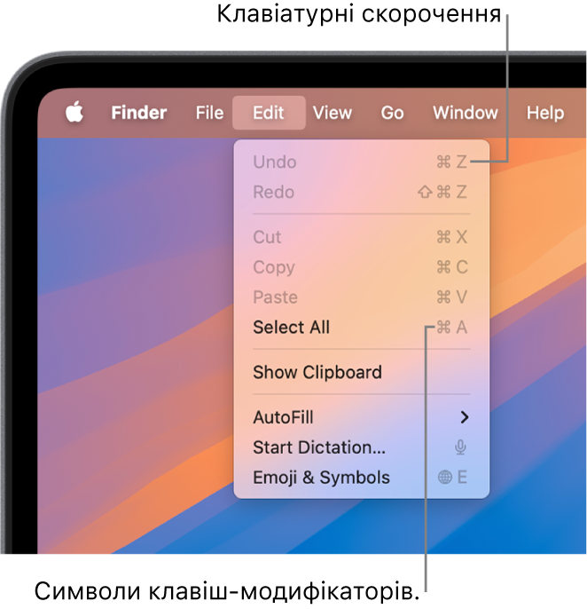 У Finder відкрите меню «Редагування»; поруч з елементами меню відображаються клавіатурні скорочення.