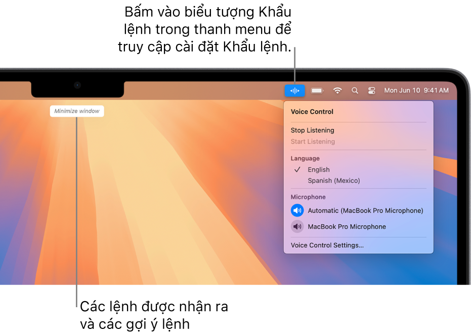 Lệnh sau cùng được Khẩu lệnh nhận biết được hiển thị ở đầu màn hình nền. Ở bên phải, biểu tượng Khẩu lệnh được hiển thị trong thanh menu và menu Khẩu lệnh được mở.