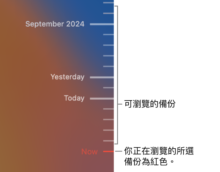 備份時間軸中的刻度。 紅色的剔選符號表示你正在瀏覽的備份。